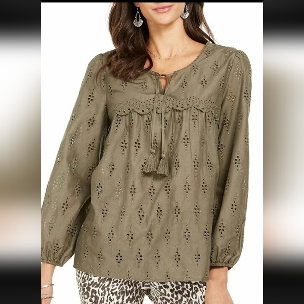 Style & Co Eyelet Tassel Blouse, Olive Green, Size S (oversized)